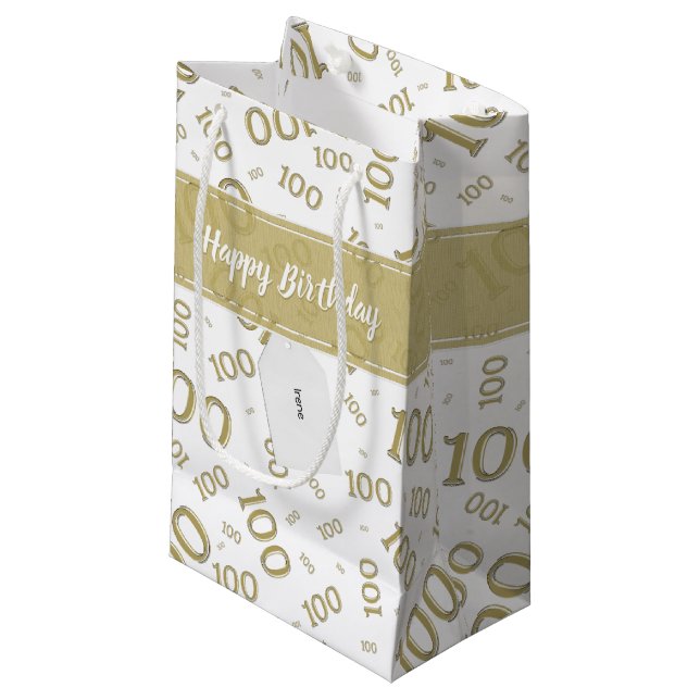 100th Birthday Gold/White Random Number Pattern Small Gift Bag (Front Angled)