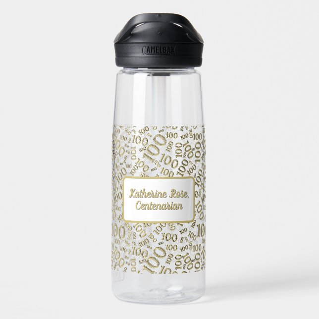 100th Birthday Gold & White Random Number Pattern Water Bottle (Back)
