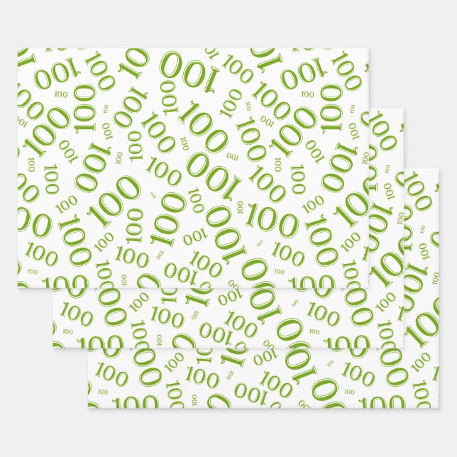 100th Birthday Green and White Number Pattern 100 Wrapping Paper Sheet (Set)