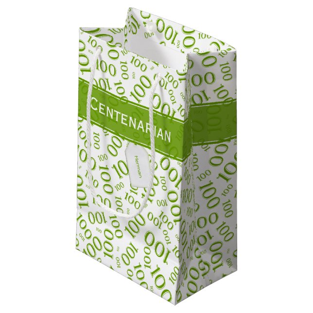 100th Birthday Green/White Random Number Pattern Small Gift Bag (Front Angled)
