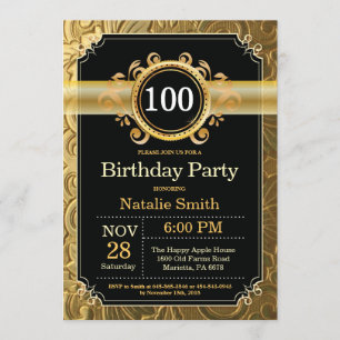 100th Birthday Invitation Black and Gold Glitter