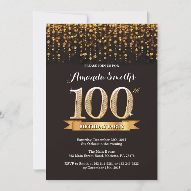 100th Birthday Invitation Black and Gold Glitter (Front)