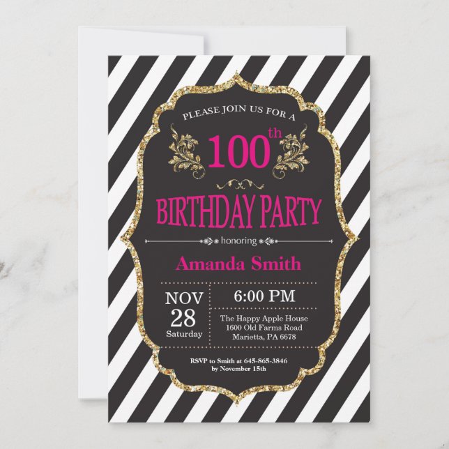 100th Birthday Invitation. Black and Gold Glitter Invitation (Front)