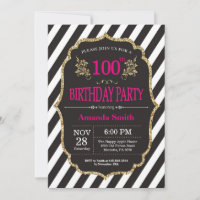 100th Birthday Invitation. Black and Gold Glitter