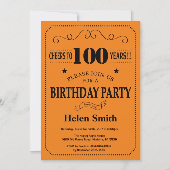 100th Birthday Invitation Black and Orange (Front)