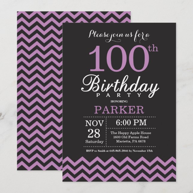 100th Birthday Invitation Black and Purple (Front/Back)
