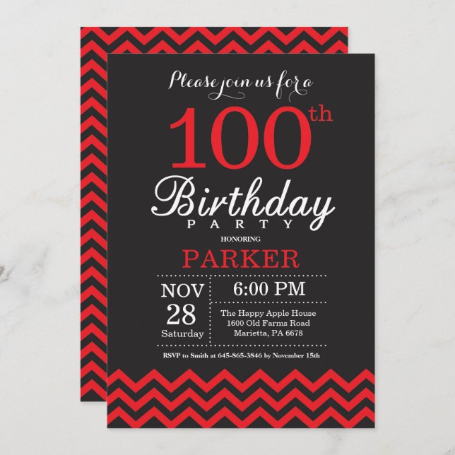 100th Birthday Invitation Black and Red (Front/Back)