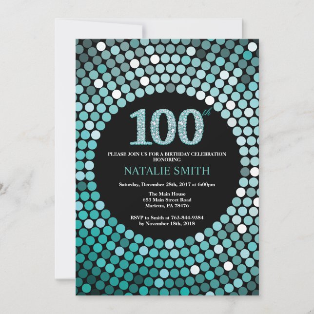100th Birthday Invitation Black and Teal Glitter (Front)