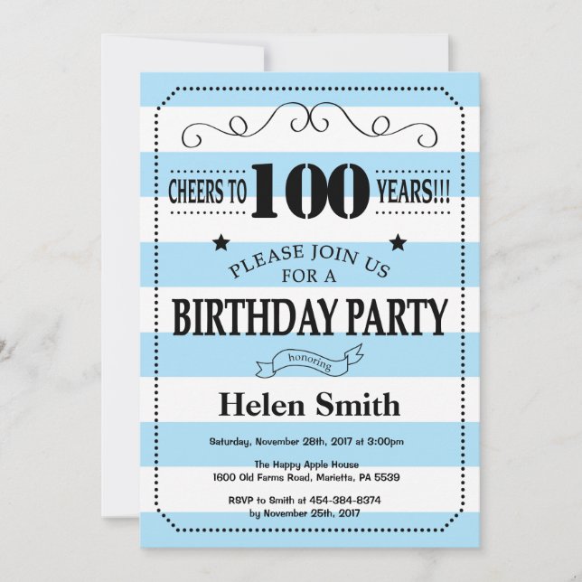 100th Birthday Invitation Blue and White Stripes (Front)