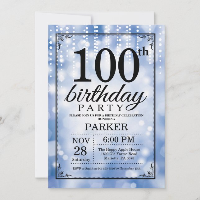 100th Birthday Invitation Blue Glitter (Front)
