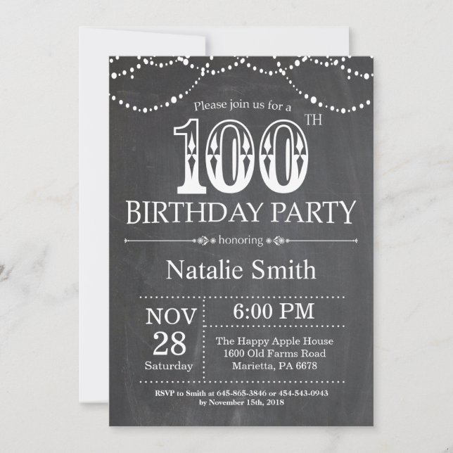 100th Birthday Invitation Chalkboard String Lights (Front)