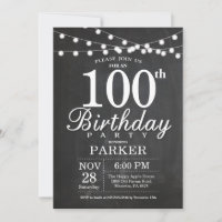 100th Birthday Invitation Chalkboard String Lights