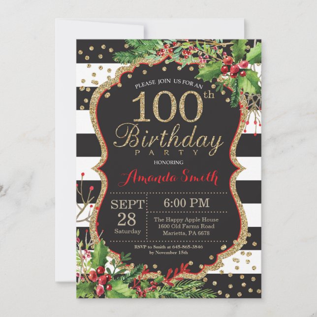 100th Birthday Invitation Christmas Red Black Gold (Front)