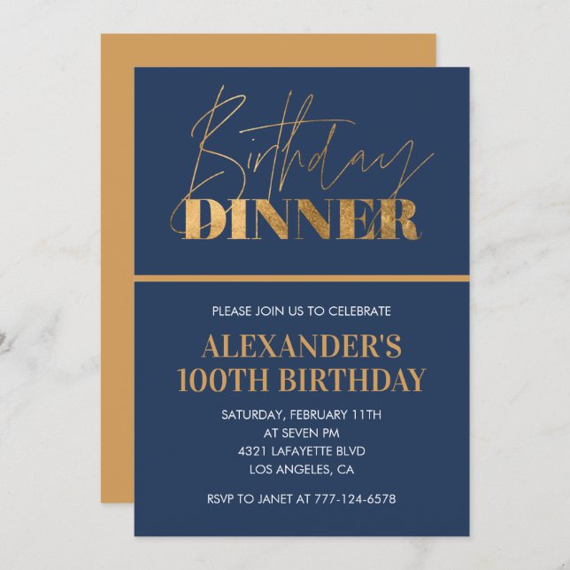 100th birthday invitation Dinner Gold Navy (Front/Back)