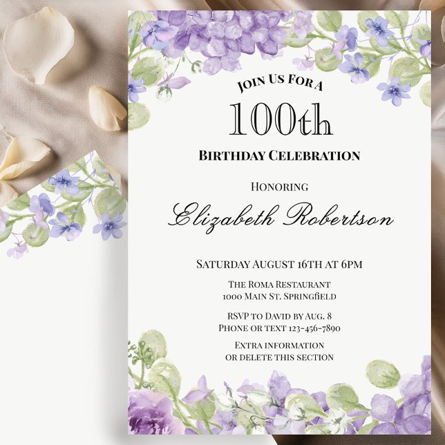 100th Birthday Invitation Elegant Purple Floral (Creator Uploaded)