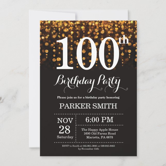 100th Birthday Invitation Gold Glitter (Front)