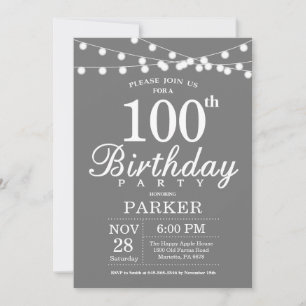 100th Birthday Invitation Grey and White
