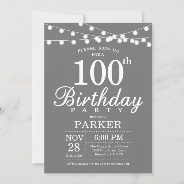 100th Birthday Invitation Grey and White (Front)