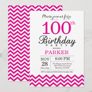 100th Birthday Invitation Hot Pink Chevron