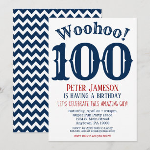 100th Birthday Invitation Mens Navy Blue