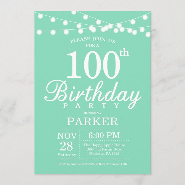 100th Birthday Invitation Mint Green (Front)