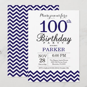 100th Birthday Invitation Navy Blue Chevron