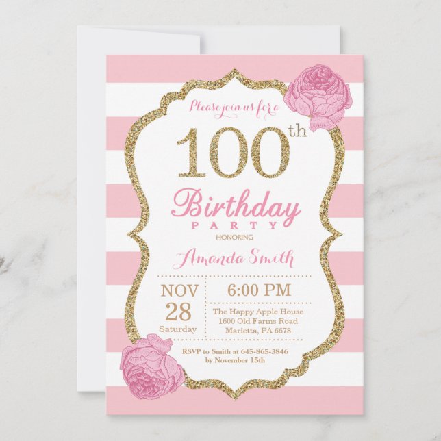 100th Birthday Invitation Pink and Gold Floral (Front)