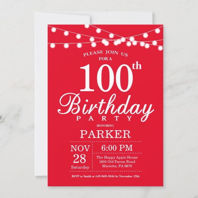 100th Birthday Invitation Red (Front)