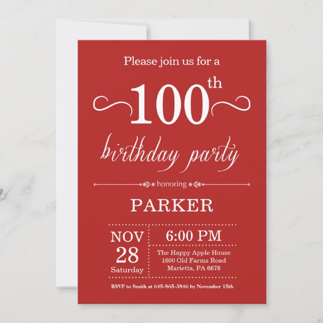 100th Birthday Invitation Red (Front)