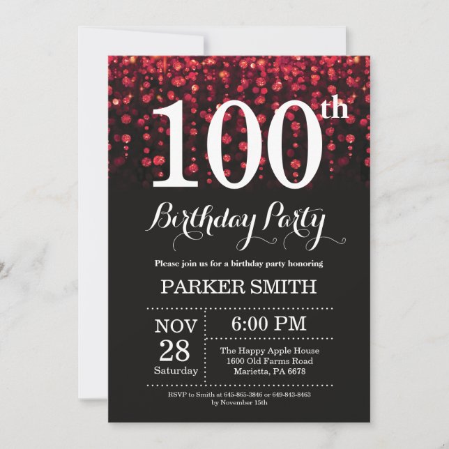 100th Birthday Invitation Red Glitter (Front)