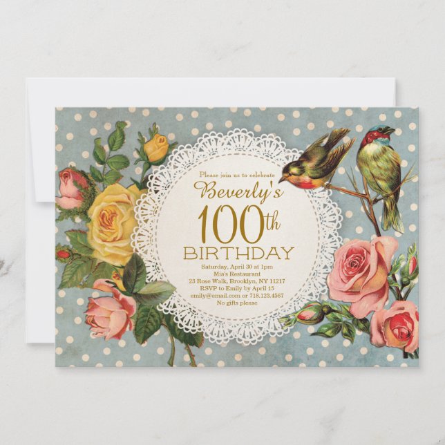 100th Birthday Invitation Roses Floral Birds Blue (Front)