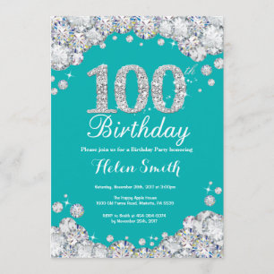 100th Birthday Invitation Teal and Silver Diamond