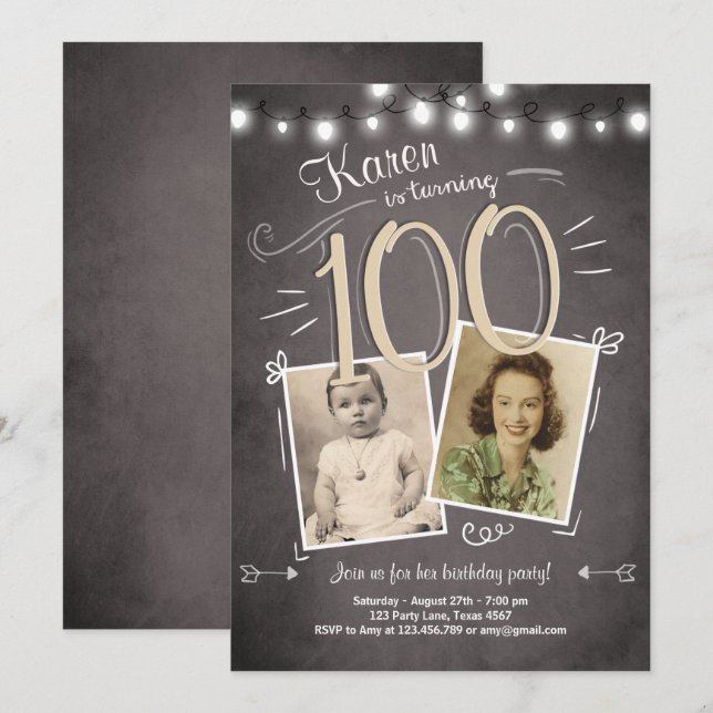 100th Birthday Invitation Vintage Hundred Birthday (Front/Back)