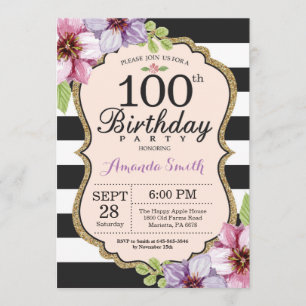 100th Birthday Invitation Women. Floral Gold Black