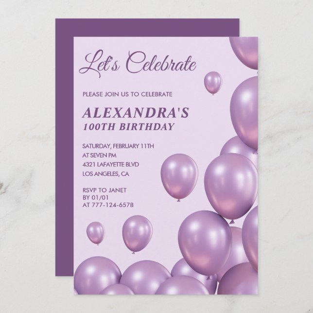 100th birthday invitations Balloons Chic Purple (Front/Back)
