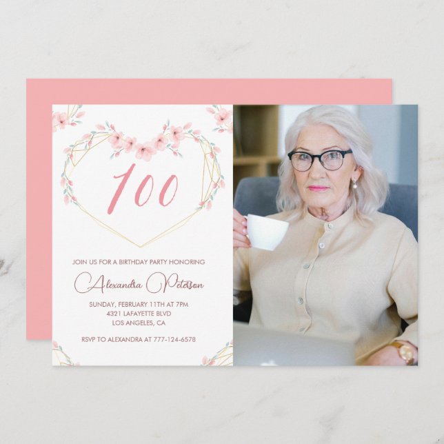 100th birthday invitations Boho Floral Photo (Front/Back)