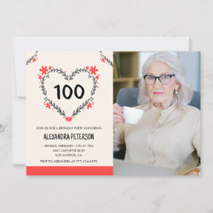 100th birthday invitations for her Floral Heart