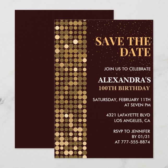 100th birthday invitations Save the date Gold (Front/Back)