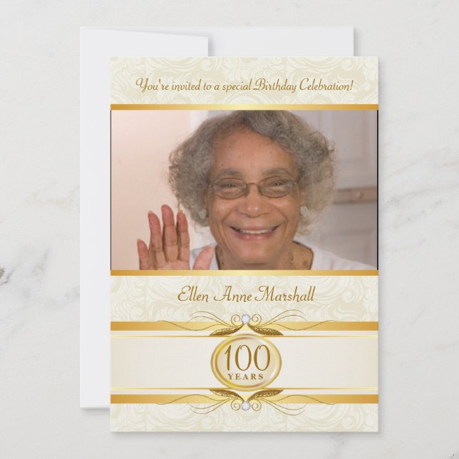 100th Birthday - Ivory Damask Photo Invitation (Front)