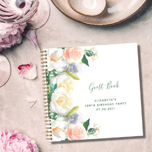 100th birthday lush florals white peach Guest Book