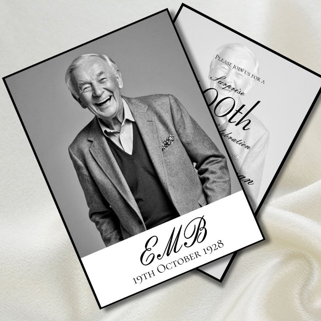 100th Birthday Male Stylish Photo Monogram  Invitation (Creator Uploaded)