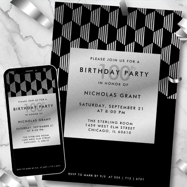 100th Birthday Modern Black Faux Silver Foil Invitation (Creator Uploaded)