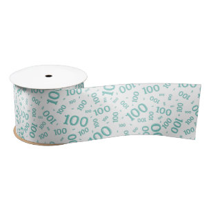 100th Birthday Modern Number Pattern Teal/White Satin Ribbon
