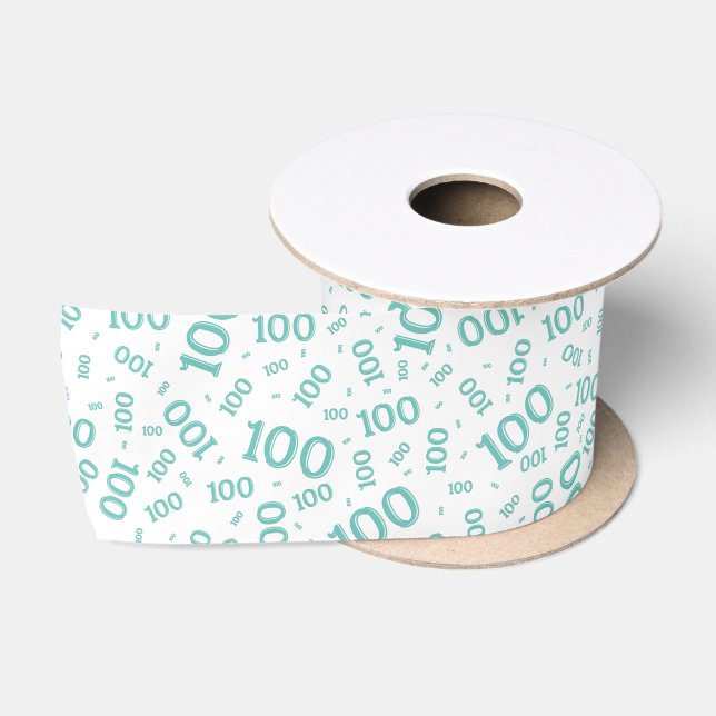 100th Birthday Modern Number Pattern Teal/White Satin Ribbon (Spool)
