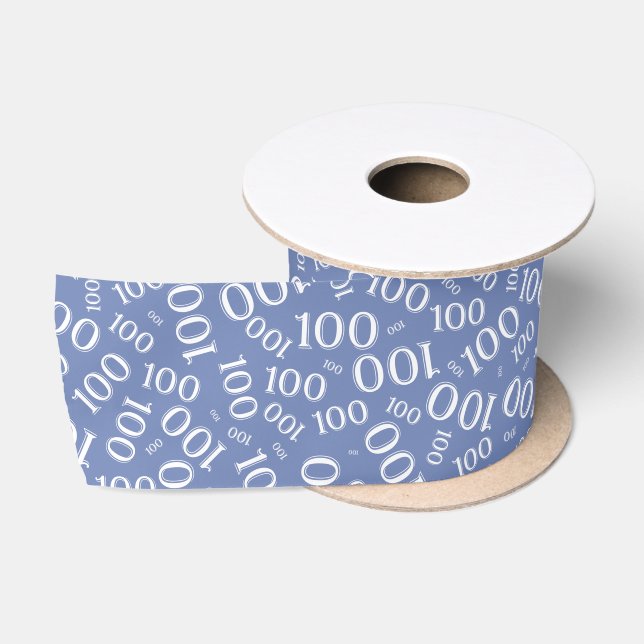 100th Birthday Modern Number Pattern White/Blue Satin Ribbon (Spool)