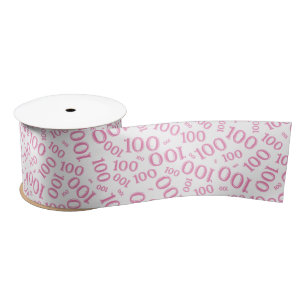 100th Birthday Modern Number Pattern White/Pink Satin Ribbon