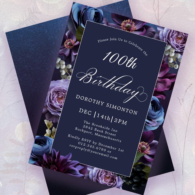 100th Birthday Moody Purple Flower Invitation (Creator Uploaded)