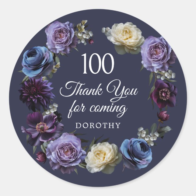 100th Birthday Moody Purple Flower Thank You Favou Classic Round Sticker (Front)