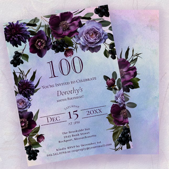 100th Birthday Moody Purple Gothic Flower Invitation (Creator Uploaded)