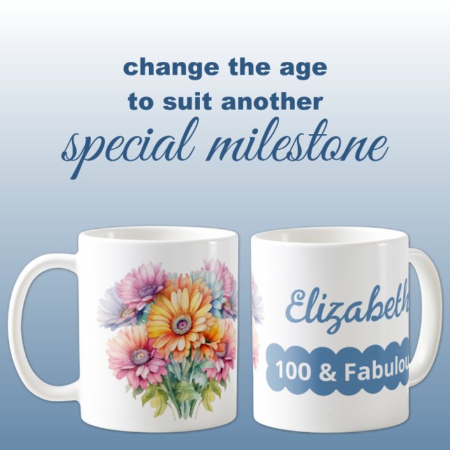 100th birthday name gerbera flowers blue coffee mug (Creator Uploaded)
